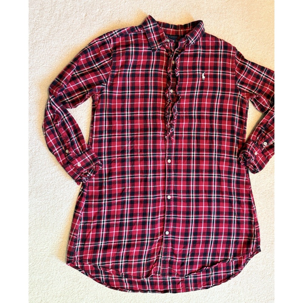 Ralph Lauren Shirt Dress Red Tartan Plaid Knee Length Button Up Long Sleeve M